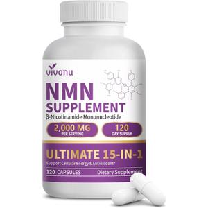 15-in-1 Liposomal NMN Supplement, 2000mg per* Serving*, 120 Day Supply, 99% Pure, NAD+ NMNH Alternative with Nicotinamide Mononucleotide, Resveratrol, TMG, CoQ10, Quercetin & Glutathione, 120 Capsules EXP: 07/21/2028