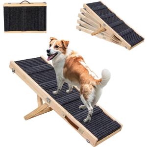 2025 Upgraded Adjustable Dog Ramp 34.65" Foldable Wooden Pet Ramp with 5 Heights 10-19.5"  Non-Slip Carpet & Carry Handle for Bed, Couch, Car, and Outdoor Use