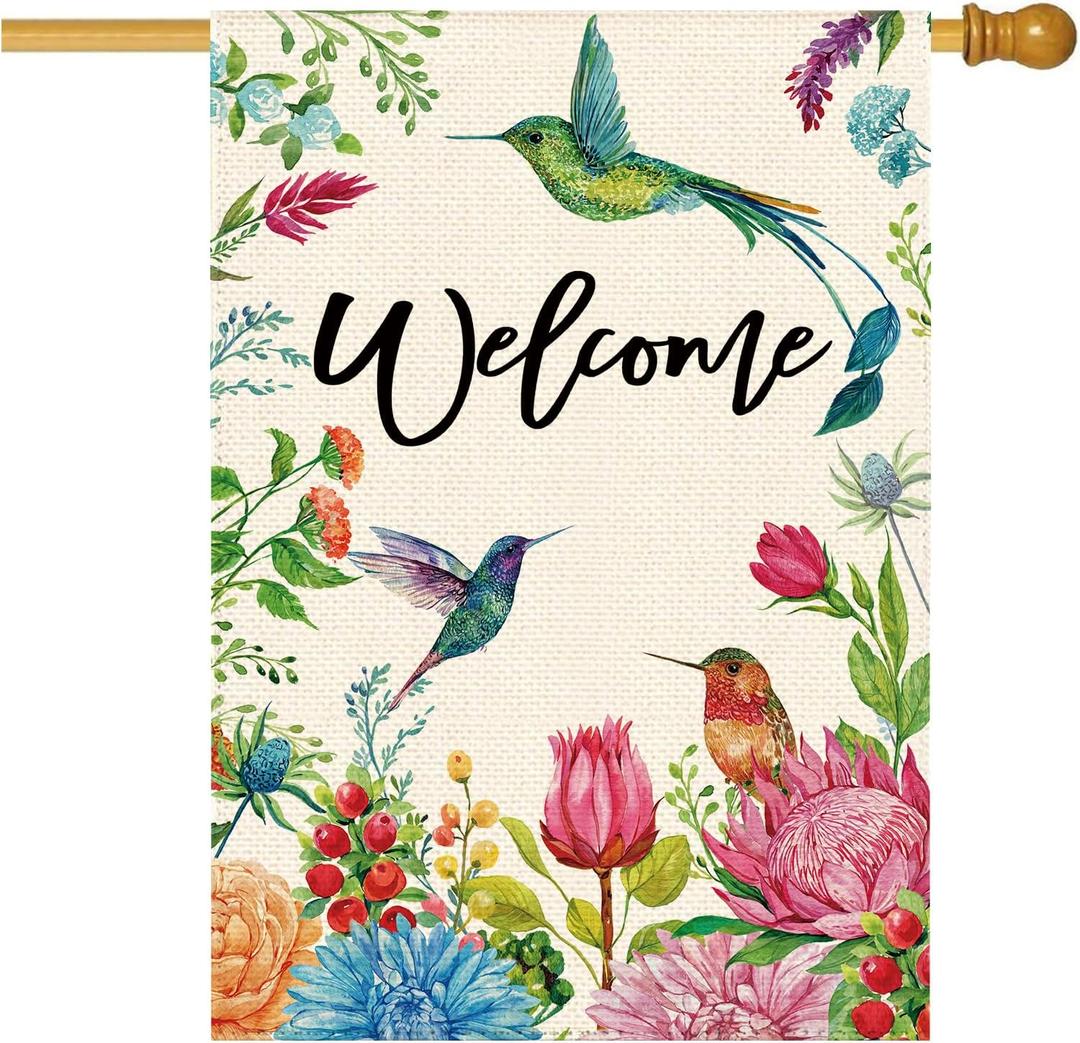 Summer Hummingbird Welcome Garden Flag 28 x 40 Inch Double Sided, French Vintage Peony Dahlia Floral Farmhouse Burlap Large House Flag Seasonal Holiday Outdoor Outside Decoration