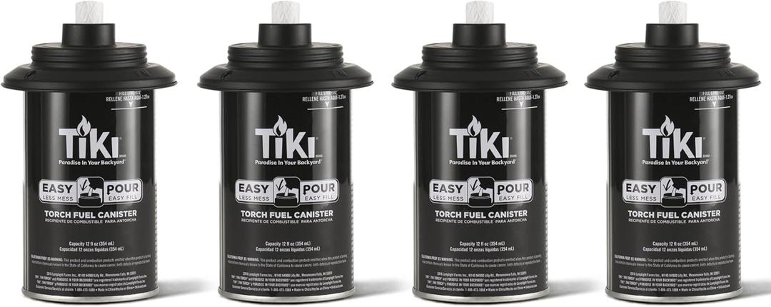TIKI Torch Replacement Canister Set of 4 Refillable Metal Torch Fuel Canisters with Easy Pour System, 12 oz Weather-Resistant Outdoor Lighting Accessories for Patio, Garden & Deck
