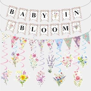 Pack of 2 Floral Baby Shower Gender Reveal Decorations,Baby in Bloom Banner,with Wildflower Hanging Swirls,for Neutral Baby Boy Girl Shower Party Decor Supplies