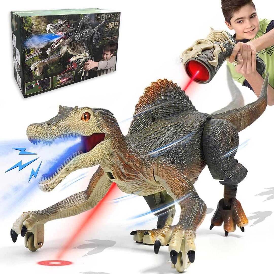 Upgraded Dinosaur Toys for Kids 3-5-7 Years Old, Remote Control Spinosaurus Toys with Indicator Light Chasing&Spray& Roar, Realistic RC Walking Dinosaur Robot Gifts Stocking Stuffers for Kids Boys (Gray)