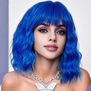 Short Bob Wavy Wig with Bangs for Women Blue Color Wigs for Women Loose Curly Shoulder Length Bob Curly Women's Charming Synthetic Wigs Style Synthetic Fiber Wig (Blue 12 Inch)