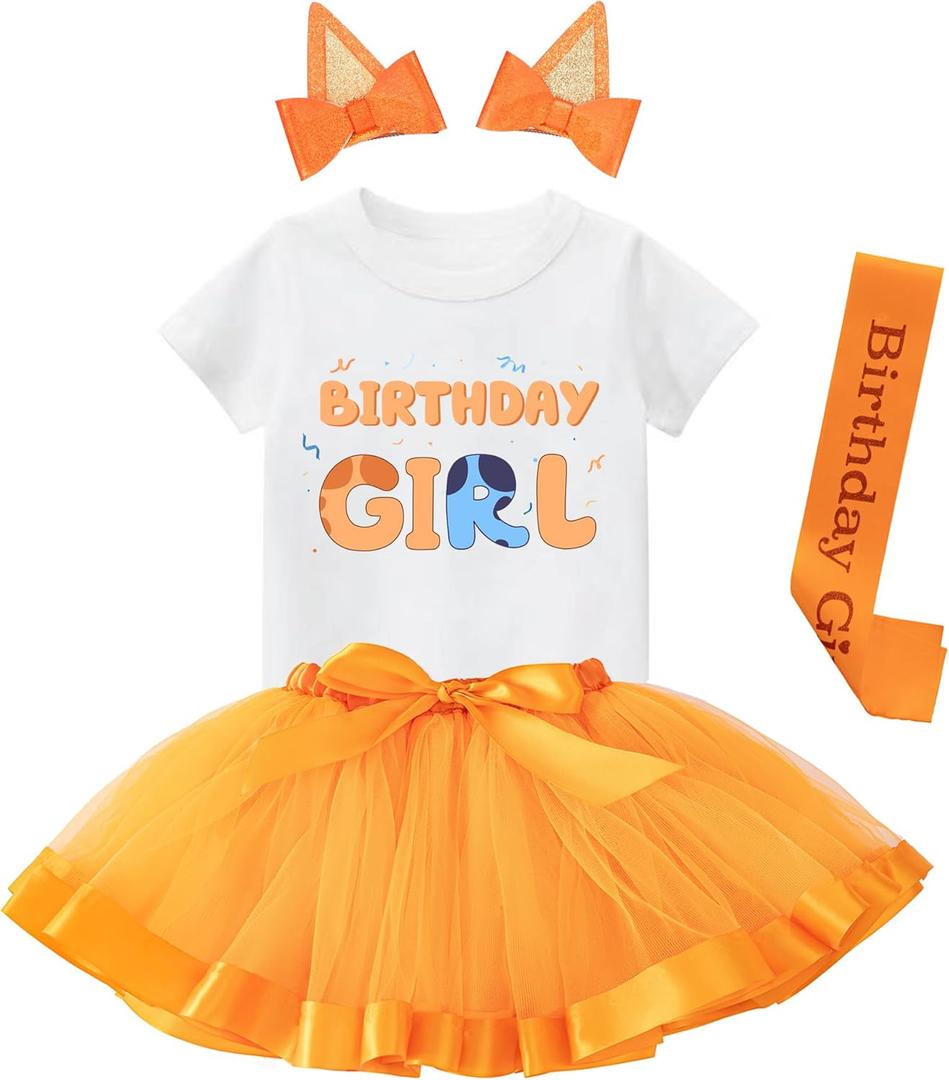 K-Acc Birthday Girl Outfit - T-Shirt, Blue Ears, Tutu Dress, Satin Sash – Gifts for Girls Birthday Party (Yellow, 2 Years)