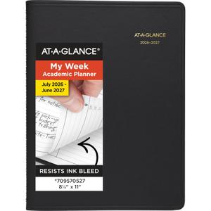 AT-A-GLANCE Planner 2026-2027 Weekly Academic 14-Month July-August, Quarter-Hourly Appointment Book, 8-1/4" x 11", Black (7095705)