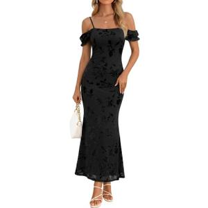 MEROKEETY Women's 2026 Summer Off The Shoulder Spaghetti Strap Floral Mesh Wedding Guest Cocktail Formal Party Maxi Dresses (Black, L)