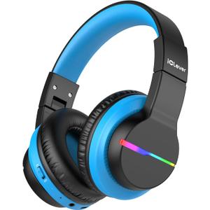 iClever BTH12 Kids Bluetooth Headphones,Colorful LED Lights,74/85dBA Safe Volume,85H Playtime,Bluetooth 5.2,Over Ear Wireless Headphone Built-in Mic for iPad/Tablet/Airplane, Deep Black