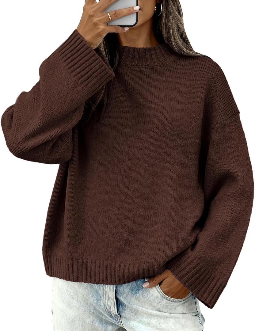 BTFBM Sweaters for Women 2025 Casual Crewneck Long Sleeve Loose Ribbed Knit Pullover Sweater Winter Clothes Fall Outfits (Large, Brown)