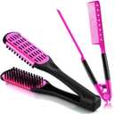 Chengu Hair Brush, Boar Bristles Clamp Double Sided Brush & V Shaped Styling Hair Comb, Straightening Knotty Unkempt Hair (Rose Red, Pink)