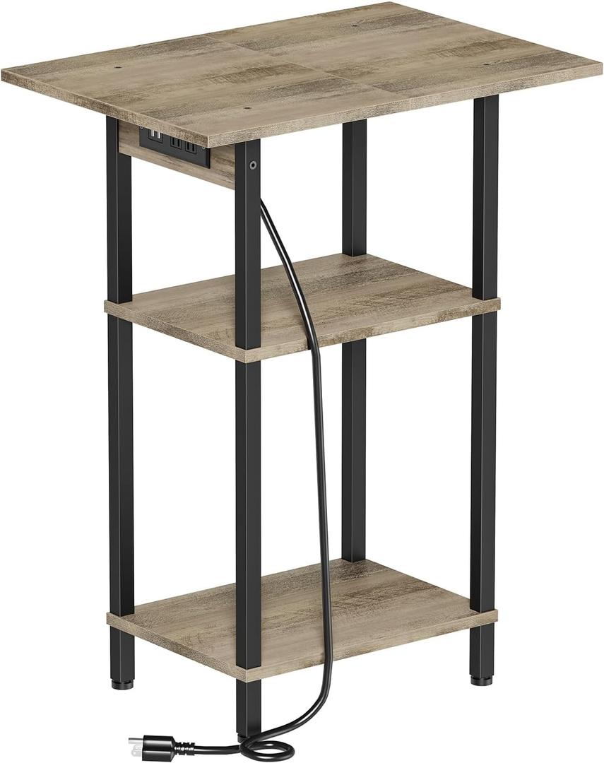 Tall End Table with Charging Station, Skinny Nightstand with USB Ports and Outlets, 3 Tier Narrow Side Table with Storage for Bedroom, Living Room, Office, Greige