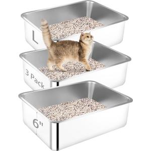 Stainless Steel Litter Box, 3 Pack 19.7"x13.8"x5.9" Large Metal High Sided Cat Litter Pan, Stainless Steel Box Splash-Proof and Non-Stick Cat Poop Box odorless