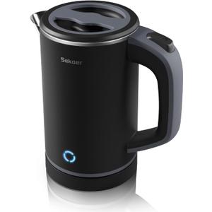 Sekaer Small Electric Tea Kettle Stainless Steel 0.8L Portable Travel Hot Water Boiler, Mini Electric Coffee Kettle with Auto Shut-Off & Boil Dry Protection, Cordless Base & LED Indicator (Black)