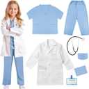 Doctor Scrubs Costume for Kids With Stethoscope Lab Coat Career Day Costume Doctor Dress Up For Boys Girls 3-12 (XL-140/7-8Y, Light Blue)