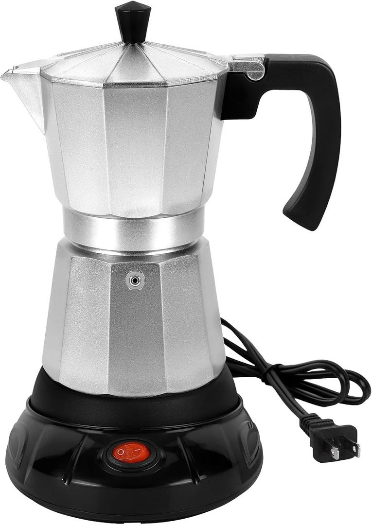 Silver Aluminum Electric Moka Pot, 6 Cups Espresso Maker with Dose Reduction Plate