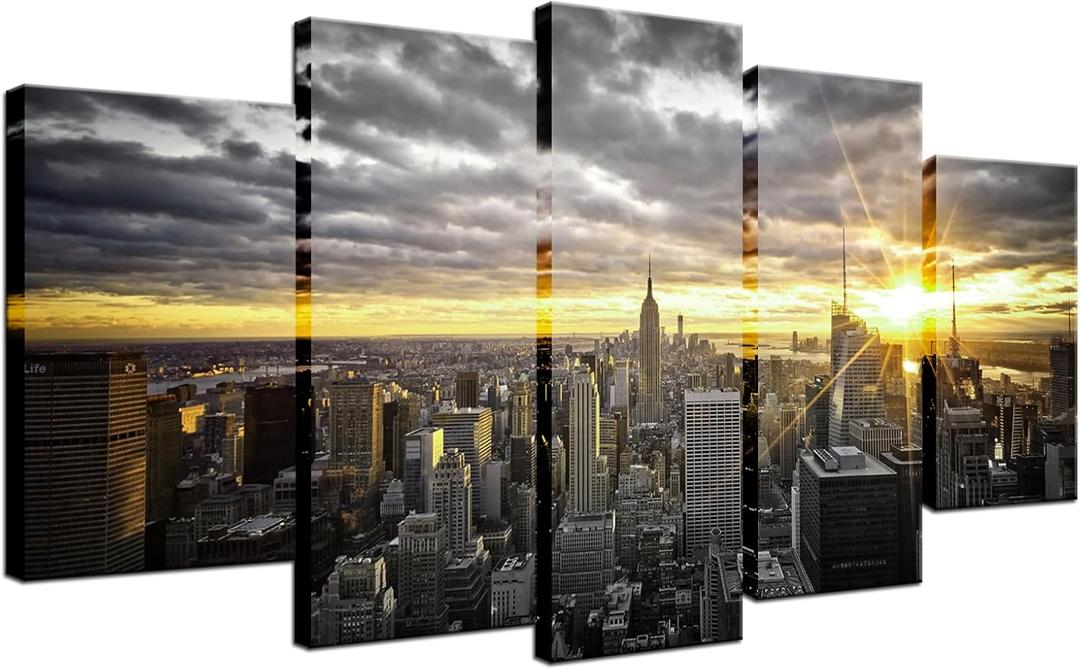 Biuteawal - 5 Panel Wall Art Man Fishing Painting Artwork Peaceful Lake Scenery Canvas Print Sunset Nature Picture for Home Living Room Bathroom Wall Decor