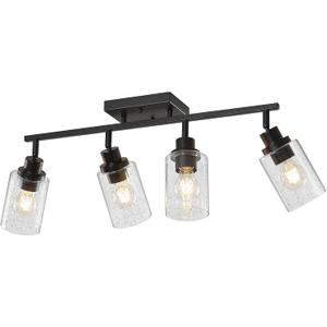 LOUSACE 4-Light Black Track Lighting Fixture, Flush Mount Ceiling Spotlight with Rotatable Heads & Seeded Glass Shade for Kitchen Closet Hallway Entryway Bar
