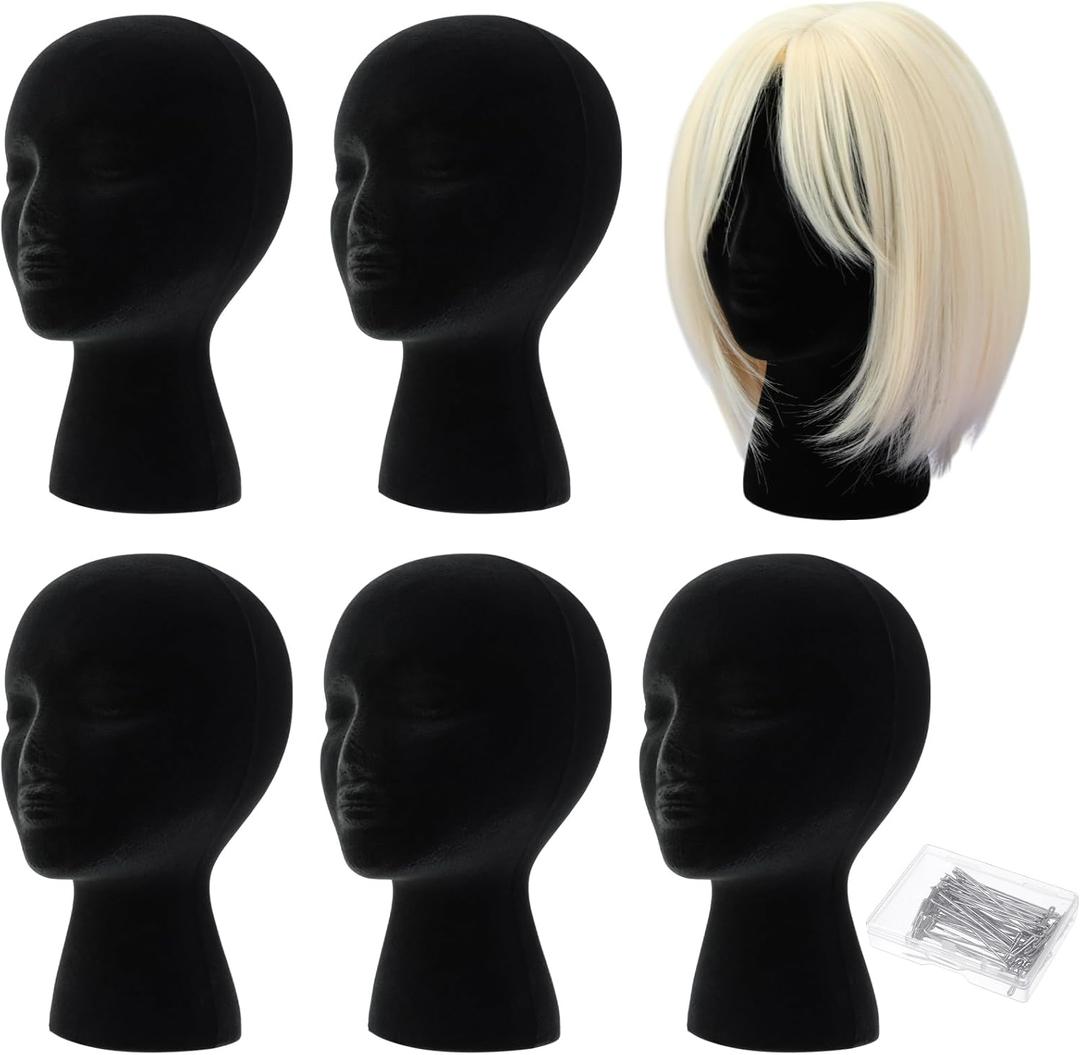 Gisafai 6 Pcs Foam Wig Head with 50 Pcs T Pins Female Foam Mannequin Wig Stand and Holder 11 Tall Cosmetics Model Head Display Hair, Hats Hairpieces Display for Home Travel Salon(Black)