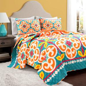 Lush Decor Boho Floral Reversible Oversized 3 Piece Quilt Set, King/Cal King, Turquoise & Orange