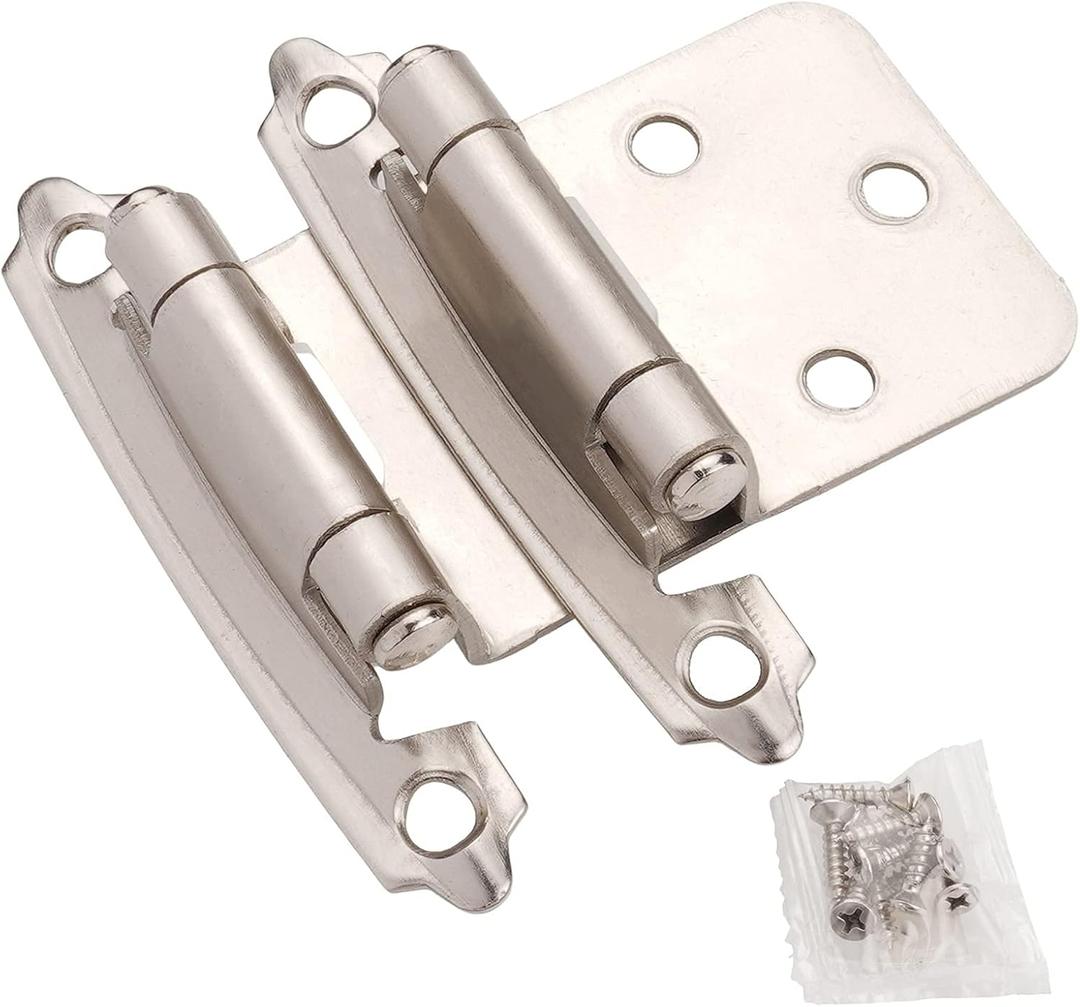 DecoBasics Cabinet Hinges Brushed Nickel for Kitchen Cabinets Doors (25 Pair -50 Pcs) -1/2" Overlay (Variable) -Self Closing Kitchen Cabinet Hinges Flush Mount w/Silicon Bumpers & Hardware Screws (50 Pack, Brushed Nickel)
