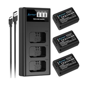 Artman NP-FW50 Battery 3-Pack and Upgraded 3-Slot ZV-E10 Battery LCD Charger for Sony ZV E10, Alpha A6500 A6400 A6300 A6000 A5100 A5000, A7S II, A7S, A7R II, A7R, A7 II, A7, RX10 II III IV Cameras
