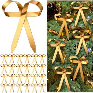 24 Pcs Gold Metal Christmas Bow Ornaments for Christmas Tree Garland Wreath Bulk Bow with Clip Ornament Vintage Indoor Outdoor Home Xmas Party Decorations, 4 x 5 Inches