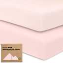 2-Pack Waterproof Crib Sheets for Boys, Girls - 52x28 Fitted Organic Cotton Baby Crib Sheets, Toddler Mattress Protector Cover, Washable, Soft & Durable Baby Bedding Essentials (Mist Rose)