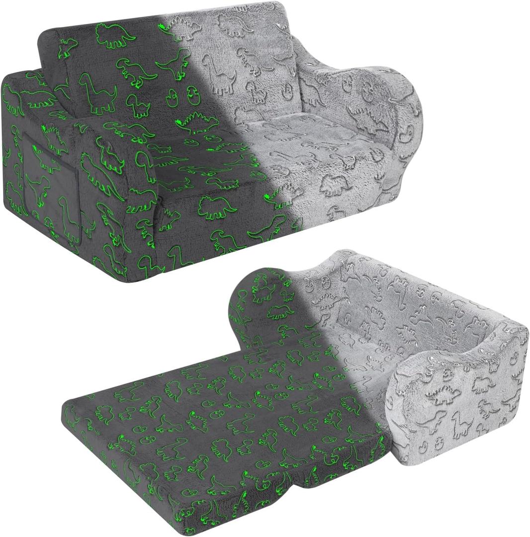 Kids Extra Wide Glow in The Dark Chairs for Toddler, 2-in-1 Toddler Soft Sherpa Couch Fold Out, Convertible Sofa to Lounger for Girls and Boys, Dark Grey (Large)