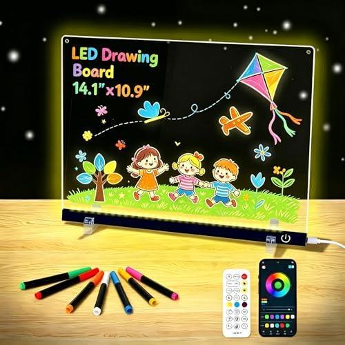 LED Drawing Board for Kids 14.1"x10.9" LED Note Board with Remote,Neon Colors-Includes Battery Pack and 7 Markers-Light-Up Dry Erase Board Glow Message Memo Writing Board for Home/Office/Gifts