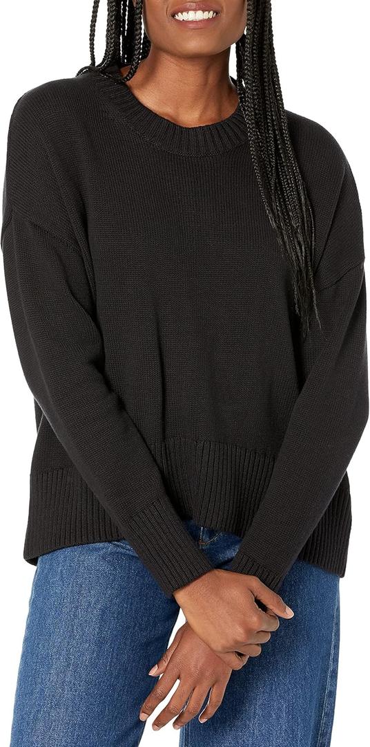 Daily Ritual Women's 100% Cotton Boxy Crewneck Pullover Sweater, Black, Large