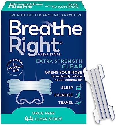 Breathe Right Nasal Strips | Extra Strength | Clear | For Sensitive Skin I Drug-Free Snoring Solution & Nasal Congestion Relief Caused by Colds & Allergies | 43 Count (Packaging May Vary)