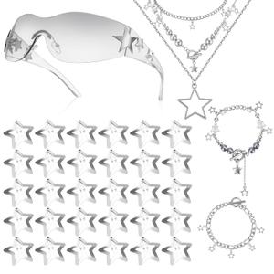 Y2k Accessories Set Included Star Y2k Silver Necklace Grunge Layered Necklace Y2K Sunglasses Star Hair Clip Y2k Silver Hair Clips Vintage Jewelry Set for Women