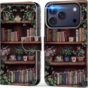 DEENAKIN for iPhone 17 Pro Max Wallet Case with Card Holder + Cash Clip, RFID-Blocking, Military-Grade Protection & UV-Printed Artwork, Magnetic Closure with Leather Kickstand - Bookshelf with Blooms