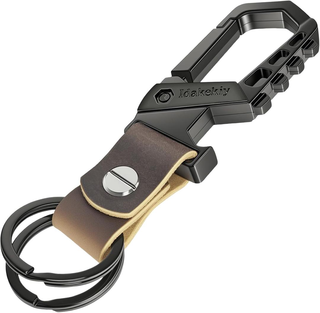 2 x Idakekiy Key Chain, Heavy Duty Belt Loop Key Keeper Key Ring Holder with Bottle Opener Leather Keychain for Men and Women (Dark Grey)