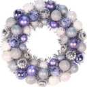 16 Inch Christmas Ornament Wreath Classical Glitter Ball Wreath with Tinsel for Holiday Door & Wall Decoration (Silver and Purple)