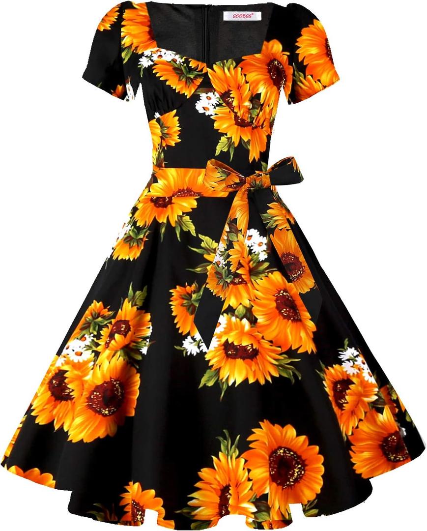 GOOBGS Women's 1950s Vintage Puff Sleeves Cocktail Rockabilly Swing Retro Dress with Pockets New (M)