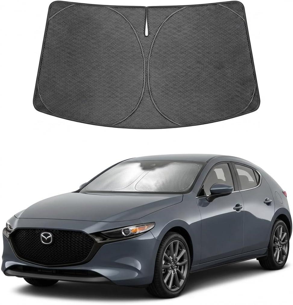 Proadsy Windshield Sun Shade Custom Fit Mazda 3 2019-2026 Ice Crystal Black Front Window Sunshade UV and Heat Blocker Foldable Visor Keeps Car Cooler for Summer Parking and Daily Use