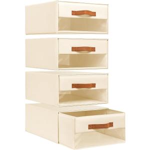 DIMJ Closet Organizers and Storage - Fabric Bins with Drawers for Closet Foldable Clothes Organizers with Clear Window, Stackable Storage Drawers for Bedroom, Living Room, 4-Pack, Beige