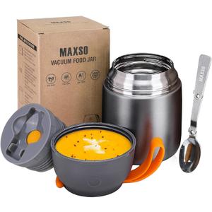 Insulated Thermo Food Jar for Hot & Cold Food for Kids Adult, 17 oz Soup Thermal Hot Food Containers for Lunch, Triple Layer Insulation Stainless Steel Food Jar with Spoon (Grey) (Gray)