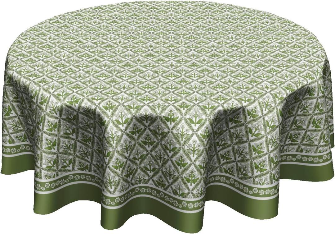 Spring Sage Green Block Print Round Tablecloths 60 inch Summer Green and White Flowers Table Cloth Cover Washable Floral Farmhouse Circle Table Cover Decoration for Dining Kitchen Party Picnic Outdoor