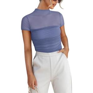 REORIA Women's Sexy Mock Turtle Neck Short Sleeve Shirts Sheer Mesh Ruched Trendy Going Out Bodysuits Tops, M, Blue Nova