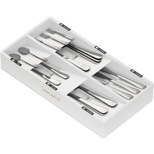 SpaceAid Bamboo Silverware Drawer Organizer with Labels, Kitchen Utensil Tray Holder Organizer for Flatware, Cutlery, Spoon and Knives Drawer Storage Organization (White, 6 Slots)