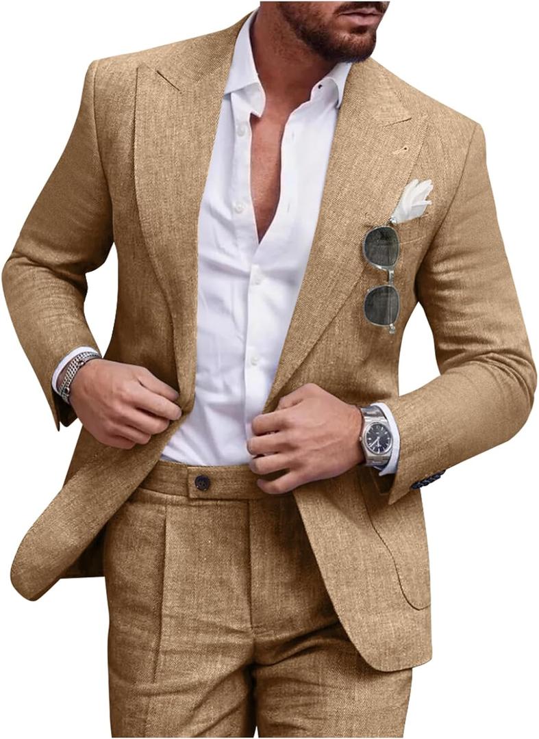 Linen Men Suit Set Casual Tuxedo 2 Piece Regular Fit Blazer One Button Solid Jacket and Pants for Prom Wedding Party (Beige, XXL)