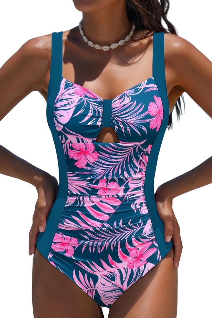 popvil Women One Piece Swimsuit 2026 Tummy Control Bathing Suit Slimming Neon Shapewear Swimwear, Large