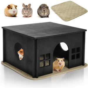 Wooden Hamster Hideout, Guinea Pig House with Soft Mat Windows, Detachable Small Pets Woodland House Decor for Chinchilla Mice Gerbils Mouse Dwarf