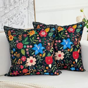 Floral Pillow Covers 24x24 Set of 2,Black Farmhouse Floral Pillow Covers Decorative Double Sided Pattern Cushion Cover Soft Pillow Case for Living Sofa Room Bed Porch Patio Square Pillow Cover