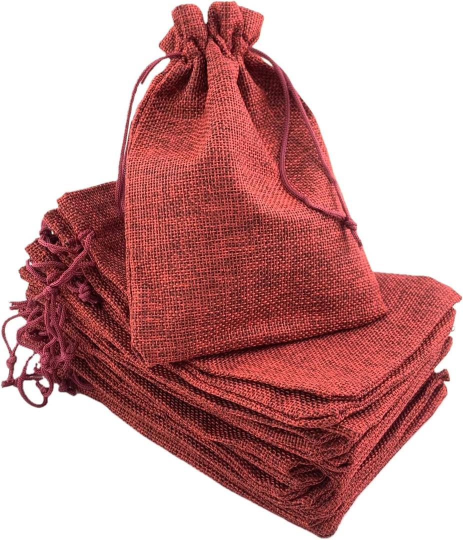 Palmhomee Pack of 25 Burlap Gift Bags with Drawstring Linen Jewelry Pouches Wedding Hessian Jute Bags for Birthday Jewelry and Treat Pouches Party Wedding Favors Gift Art and DIY Craft (6x8 Inch, (Burgundy)