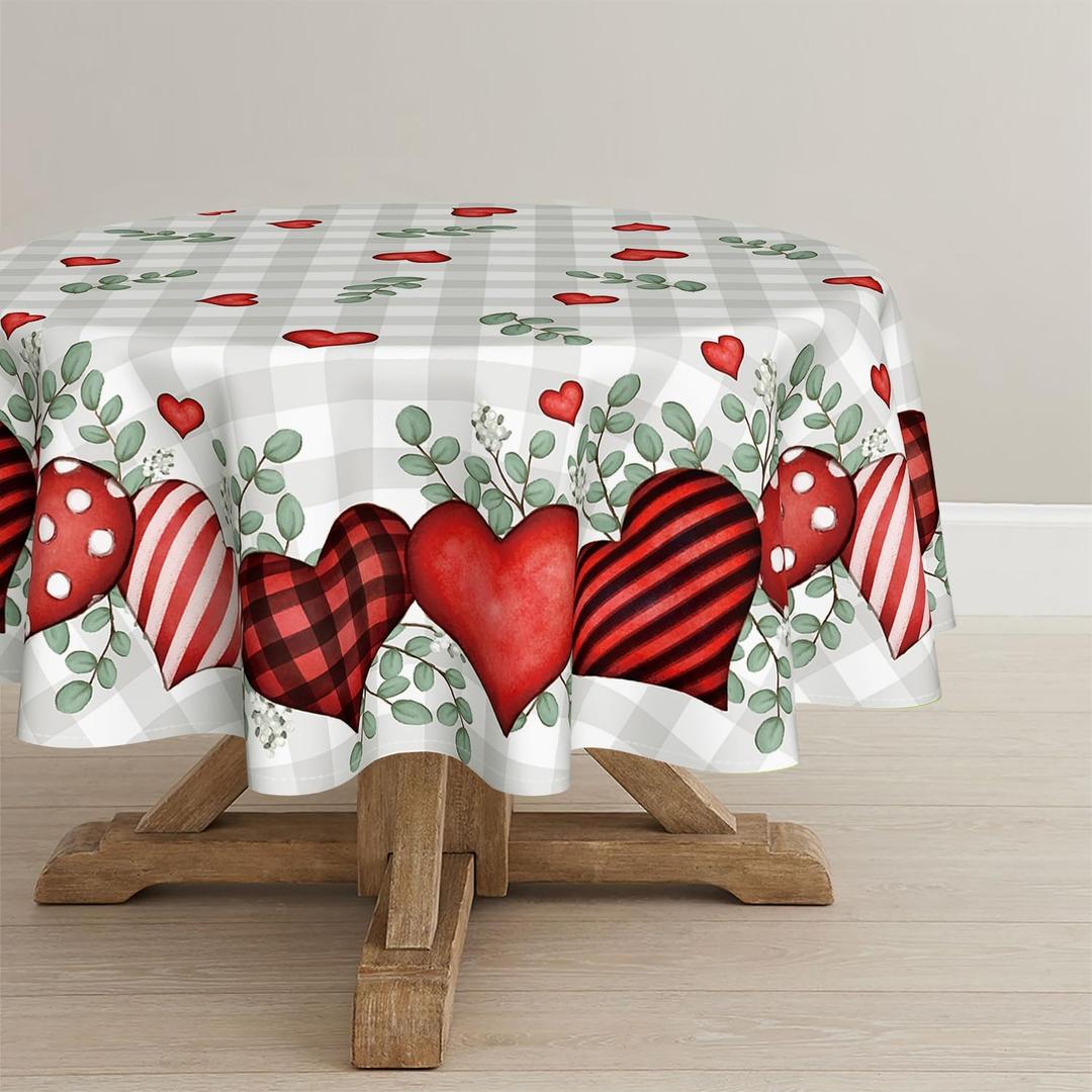 Horaldaily Valentine Tablecloth 6060 Inch Round, Buffalo Plaid Red Love Hearts Washable Table Cover for Party Picnic Dinner Decor
