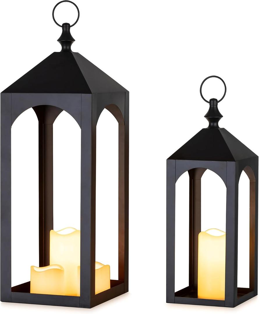 Large Outdoor Lanterns for Porch: 23" & 17" Set of 2 Floor Lantern Decorative Indoor Candle Holder for Fireplace Front Porch Patio Modern Home Decor