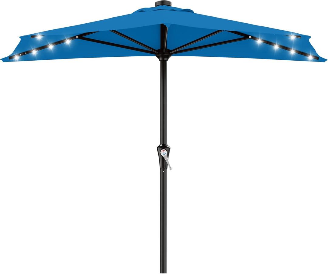 AreShark 9ft Patio Half Umbrellas with Solar Lights, 1/2 LED Half Outdoor Umbrella w/ 20 LED Lights, Lighted Table Wall Umbrella with Crank & 5 Sturdy Ribs for Market, Pool, Deck, Lawn and Garden, Royal Blue