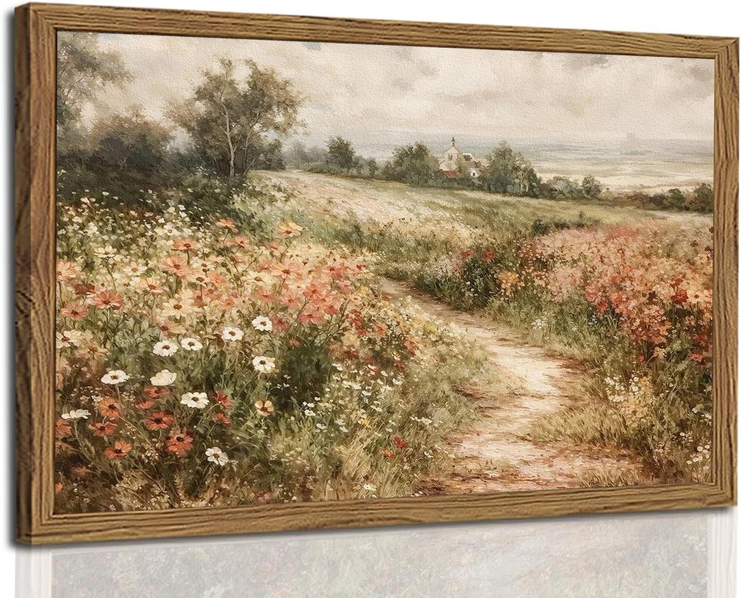 Framed 3D Textured Wall Art, Vintage Landscape Wall Decor Painting, Hand Drawn Sandstone Country Watercolor Floral Pictures Artwork for Living Room Bedroom Home Decor 12x16 inch Wood Frame